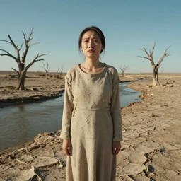 medium shot of a nondescript crying ancient dried up Danu, peaceful, facing the camera and standing in front of a dried up river in a desolate land, dead trees, blue sky, hot and sunny, highly-detailed, elegant, dramatic lighting, artstation, 4k, cinematic landscape, photograph by Elisabeth Gadd