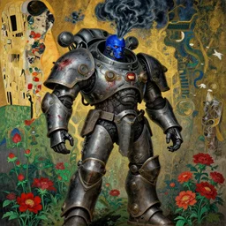 composition of gothic and futuristic, warhammer, cyber armor, more and more scars, storm, blue head, red, green, many mech flowers, the middle ages, highly detailed, artstation, in the style of moebius, jugendstil and classic japanese print, art by jean delville and rene magritte, gustav klimt