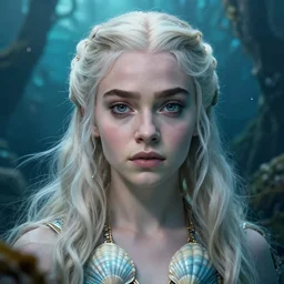 Daenerys Targaryen as a mermeid with a piercing gaze wearing a shell bikini in an underwater magical forest, highly detailed face, realistic face, beautiful detailed eyes, fantasy art, in the style of Daniel Oldenburg, illustration, epic, fantasy, intricate, hyper detailed, artstation, concept art, smooth, sharp focus, ray tracing, vibrant, photorealistic