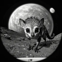 fisheye view of a trail cam on an alien planet, a curious alien carnivore looking into the camera, black an white, infrared, 4k realistic