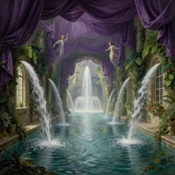 colonial fountains of water flooding a ghost town grand canal, stoic, purple drapery, apparitions floating, archways made of lush greenery, water coming out of windows, light dust, magnificent, hyperdetailed, theatrical, close up, masterpiece, painted by jean honore fragonard and greg rutkowski
