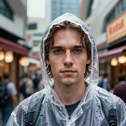 Kodak Portra 400, 8K, highly detailed, wachowski 3/4 extreme closeup portrait, clear eyes, focus on clear transparent raincoat 1990s roy batty model, tilt shift zaha hadid style background: famous blade runner remake, tokyo izakaya scene
