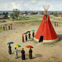 dahomey officials with flat colorful umbrellas gather nearby tall red teepee in ahomey's huge main square, from above, 1905, highly detailed, oil on canvas, by ilya repin