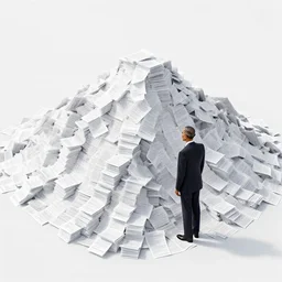 cnn news footage taken from above. obama standing next to a mountain made of papers.