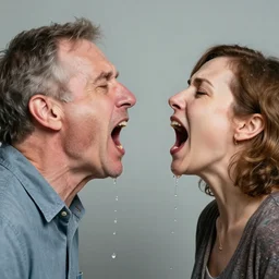 a perfect photograph of a 1 0 0 0 0 year old man and a 1 0 0 0 0 0 year old woman vomiting into each others mouth, spittle and drool flying everywhere. their faces contorted by the overpowering stench they have created.