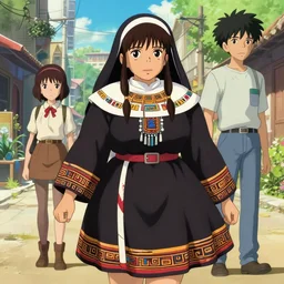 a beautiful! plus sized native women instagram model, wearing catholic school girl outfit with mayan pattern and native style, jrpg aztec street fashion, gapmoe yandere grimdark, trending on pixiv fanbox, painted by greg rutkowski makoto shinkai takashi takeuchi studio ghibli, akihiko yoshida