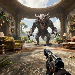 a hp lovecraft monster boss fight in interior in beautiful world realistic graphic firstperson game, realistic, ultra setting, highly detailed, fps game, game of the year, raytracing on, rtx 3 0 9 0 ti, gta v, death stranding game