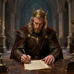 a medieval king signing a document in a royal hall, game character concept art, wide view, high detailed, full perfect, symmetrical portrait, high detail, by craig mullins, peter mohrbacher, unreal engine, octane rendered, 8 k, dark beauty, trending on artstation