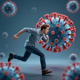 an anti - vaxxer running in fear from a 3 d render of the corona virus, photo realistic, dramatic lighting, extreme