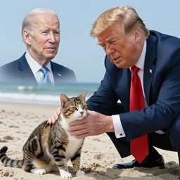 Donald Trump petting a cat that looks like Joe biden at the beach, highly detailed