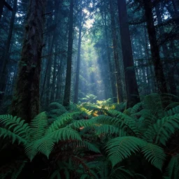photograph of a dense mystic forest, breathtaking lights shining, psychedelic fern, distant, 4k, by thomas kinkade