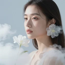 close - up fashion woman portrait airy flowers clouds