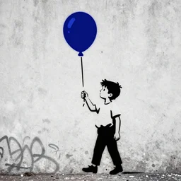 A black and white graffiti of boy holding a single graffiti dark blue balloon on a concrete background in the style of Banksy, graffiti, digital art