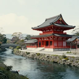 japanese temple by a river, in the style of junji ito, parts by edward hopper, parts by rodcenko, parts by yue minjun, parts by peter doig, intricate and epic composition, 4 k, very detailed, insanely quality, line brush, highly detailed, masterpiece, overlaid with chinese adverts