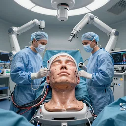 360 degree equirectangular photo of a face transplant in an operating room with robotic surgeons with a lot of wires, photorealistic concept art, by Wlop and beeple, unreal engine, trending on ArtStation, 4k resolution
