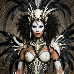 one fierce looking beautiful young woman with afro hair and symmetrical white makeup, mad max, black leather straps, wearing intricate bodysuit and headdress made from white bones and black feathers, hyperdetailed illustration by irakli nadar and alexandre ferra, intricate linework, in the style of a national geographic portrait, unreal engine 5 highly rendered, global illumination, radiant light, detailed and intricate environment