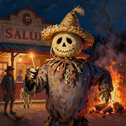 portrait photo still of a spooky scarecrow holding a match, wearing a straw hat, in front of an old saloon on fire at night, 8 k, painting by artgerm and greg rutkowski and alphonse mucha