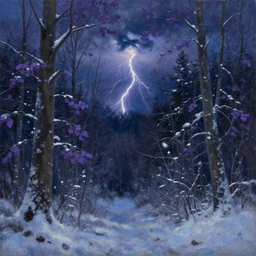 a beautiful oil painting of a dark forest covered in snow trees with purple leaves thunderstorm in the sky blue lighting gloomy atmospheric