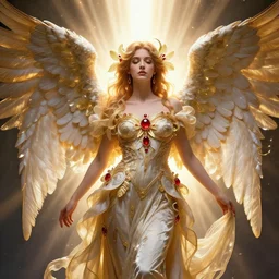 a beautiful orchid phoenix angel woman, in an ornamented dress with large wings, volumetric light, god rays, 8 k high resolution, rubies, by greg rutkowski, alphonse mucha, artgerm,