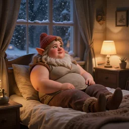 beautiful chubby dwarf woman on her cozy lamp - lit bedroom at night, snowstorm outside through windows, beautiful scene, intricate, detailed, warm light, confortable atmosphere, high quality, by donato giancola and ralph horsley