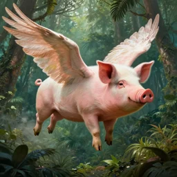 a pig with feathered wings, flying above a tropical forest, HD, illustration, epic, D&D, fantasy, intricate, elegant, highly detailed, digital painting, artstation, concept art, smooth, sharp focus, illustration, wallpaper, art by artgerm and greg rutkowski and alphonse mucha and jin xiaodi and anthony devine