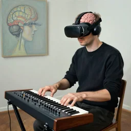 man with vr glasses wearing brain - interface plays a modular synthesizer. painted by francis bacon, hieronymus bosch