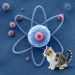 very tiny kitten next to an atom, electron microscopy photography