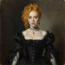 portrait of a christina hendricks in a black outfit, punk, tattoos, piercings, a flemish baroque by alexander mcqueen, art by john collier by greg rutkowski and craig mullins, oil on canvas