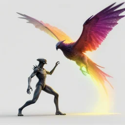 reptilian humanoid fighting a huge banshee, with a radiant spectrum, rendered in octane, minimalism