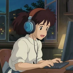 anime fine details portrait of joyful school girl in headphones studying near monitor in her room at the table, evening, lamp, lo-fi, open window, dark city landscape on the background deep bokeh, profile close-up view, anime masterpiece by Studio Ghibli. 8k, sharp high quality classic anime from 2000 in style of Hayao Miyazaki, synthewave