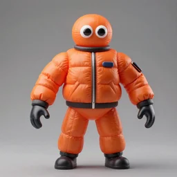 single still slander figurine of a tall giant inflated space man action figure wearing over sized orange puffy bomber jacket, long bendy arms and legs, googly eyes, tareme eyes, small head, personification, dynamic pose, detailed product photo, tone mapped, beautiful composition, 8 5 mm, f 5. 8, soft lighting