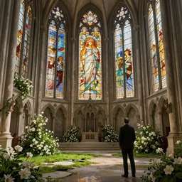 interior of the old cathedral, stained glass, gothic style, bushes, white flowers, green grass, damaged floor, Dan Mumford, Peter Mohrbacher, Alfons Mucha, fantasy, detailed illustration, hd, 4k, digital art, overdetailed art, concept art, trending on artstation