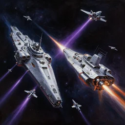 A highly detailed Sci-Fi concept art matte oil painting set in space  by Greg Rutkowski and Thomas Kinkade of an epic Space battle , Two massive capital ships firing at it each other ,while small fighter ships fly in formation ready to attack , deep space , dark  and stars in the background , purple lazers, perspective , action shot .