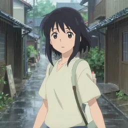 highly detailed anime girl walking through small rainy town, upper body shot, beautiful face and eyes. key visual by haruko ichikawa, kyoto animation, square enix makoto shinkai,