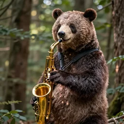 smooth jazz bear photo playing saxophone in the forest, cool, careless whisper