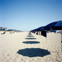 shadows of people, rows of open beach umbrellas lining a sandy cape cod beach, contemporary archival color photograph print from the original negative