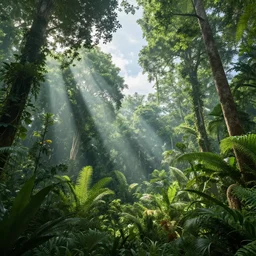jungle scene with open canopies, god-ray lights shining down from the sky, gentle fog in the distance. A trail of polished concrete blocks with vines travelling from near to far in a steady line. There is a gentle fog rolling in