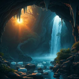 landscape by a waterfall cave in the exotic jungle in the evening sun, iceicles, by philippe gare, artstation, greg rutkowski
