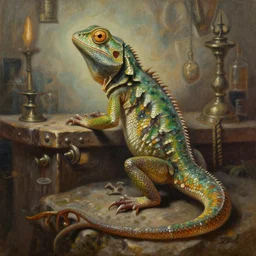 detailed 3 / 4 oil painting of a lizard alchemist, antho fantasy race, medieval apothecary background