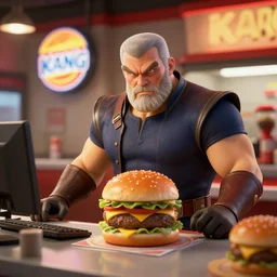 marvel's kang the conqueror working at burger kang, hyper realistic, cinematic composition, ambient lighting, cinematic, nuke compositor, 3 d, cinema 4 d, redshift, trending at artstation, octane render
