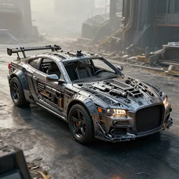 car entirely made out of guns in a dystopian world, realistic, cinematic