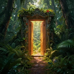 a hyper realistic professional photographic view picture of a heavenly door in the jungle ,photographic filter unreal engine 5 realistic hyperdetailed 8k ultradetail cinematic concept art volumetric lighting, fantasy artwork, very beautiful scenery, very realistic painting effect, hd, hdr, cinematic 4k wallpaper, 8k, ultra detailed, high resolution, artstation trending on artstation in the style of Albert Dros glowing rich colors powerful imagery nasa footage drone footage drone photography