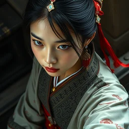 top angle view, wide lens of asian girl wearing traditional as, beautiful concept painting by caravaggio, ruan jia, jakub rebelka, artgerm, greg rutkowski, edgar maxence