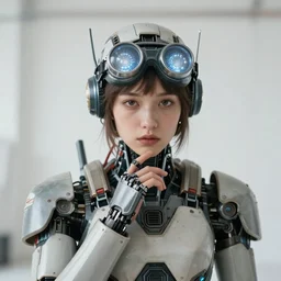 centered portrait of soulful young shari headly as a solarpunk mecha humanoid robotic parts wearing goggles with bright led lights, real human face, pudica gesture bouguereau style, in white room, ultra - realistic and intricate, soft portrait shot 8 k