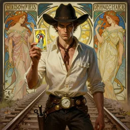 a dramatic ethereal epic symmetrical painting of a handsome villainous cowboy standing in front of railroad tracks | his shirt is unbuttoned and he has a pocketwatch | tarot card, art deco, art nouveau, ( steampunk ), homoerotic, realistic | by louis comfort tiffany and alphonse mucha | trending on artstation