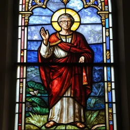 stained glass window with images of bill gates depicted as a saint, photo realistic, light rays, volumetric lighting.