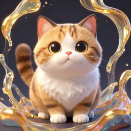 Recursive image with a well rounded Calico feline, large eyes, shiny soft fur, anatomically correct, surrounded by swirling wisps of jelly, oil pastels and gold, anime, cartoon, in the style of Victo Ngai, modeled in Poser, Redshift render, UHD