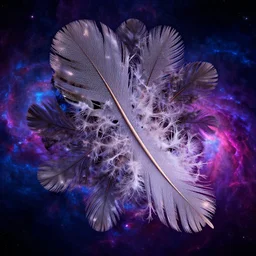 an highly detailed irregular warped fractal of feathers by Dean Roger, background of outer space neon nebulas by Pilar Gogar, 8k hdr octane render