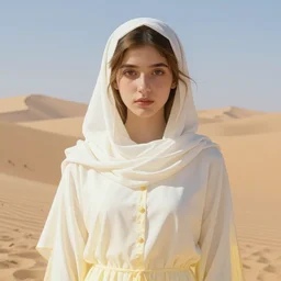 full figure arab young girl, luminous scene, by greg rutkowski and alphonse mucha, d & d character, gradient white to gold, in front of a dune desert background, highly detailed portrait, digital painting, artstation, concept art, smooth, sharp focus illustration, artstation hq
