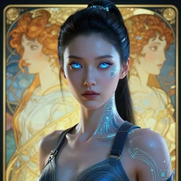 cyberpunk medium shot, very detailed, cgsociety, artstation, female, clean, symmetry, blue eyes, nice clothing, intricate, impossible beauty, golden ratio, eye implant bionic, ponytail, glowing skin, art by krenz cushart and artem demura and alphonse mucha